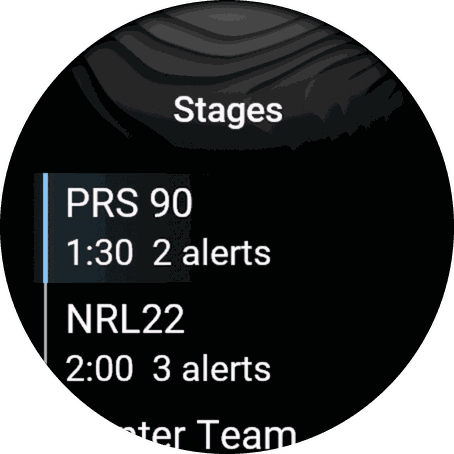 Stage list showing PRS 90, NRL22 and Hunter Team